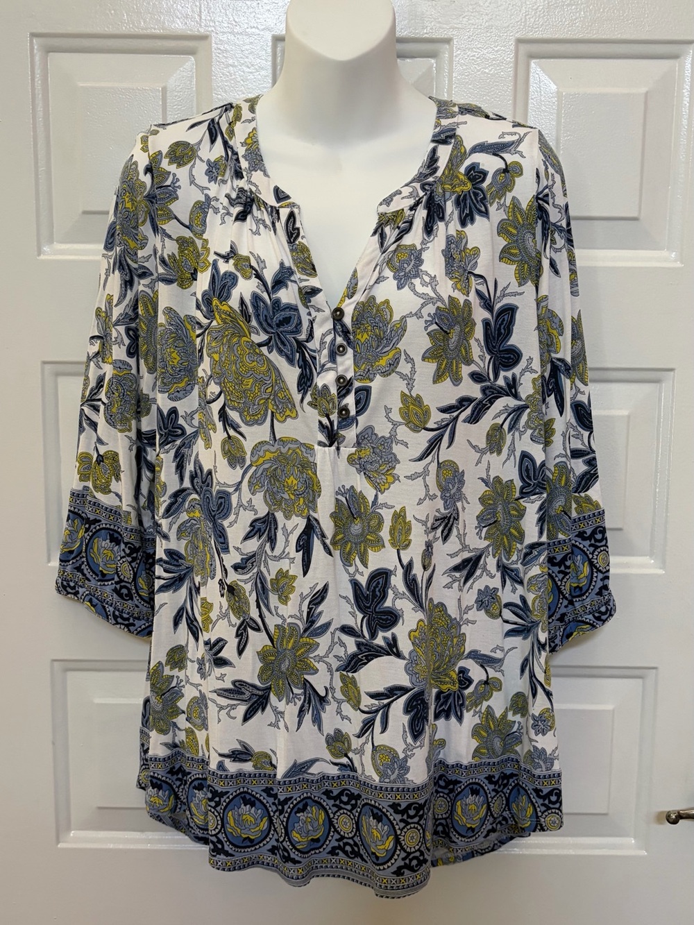 Lucky Brand Floral Henley Blouse Top Blue Yellow White 3/4 Sleeve Women 1X